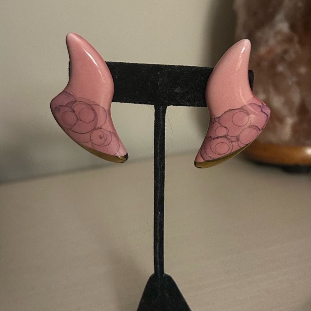 Unique Vintage Gold & Pink Stone Drop Earrings - Picture 2 of 4